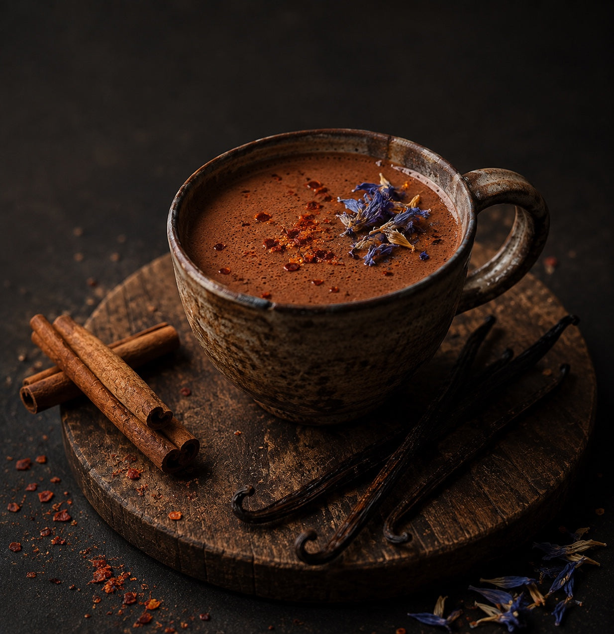 Zubereitete Tasse Hanuman Cacao mit Zimtstangen und Vanilleschoten